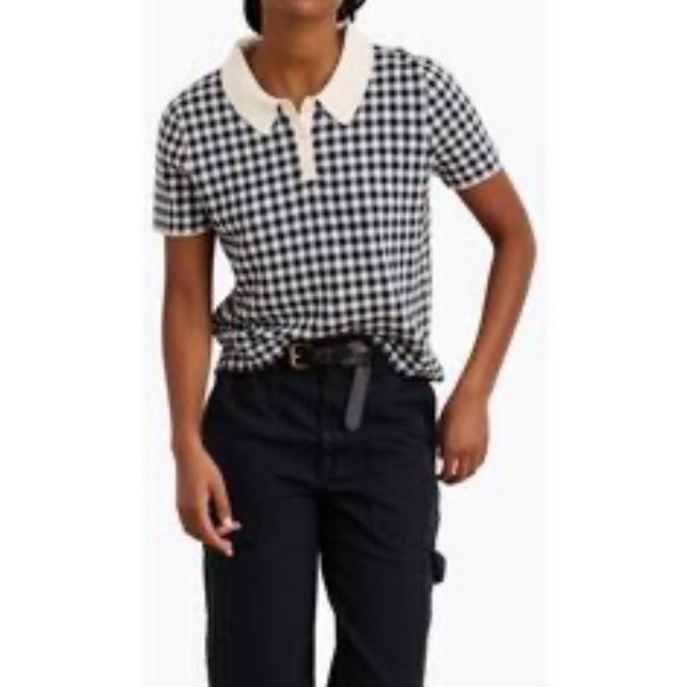 Cotton Emporium Womens Top Large Black‎ White Polo Gingham Cropped Sweater